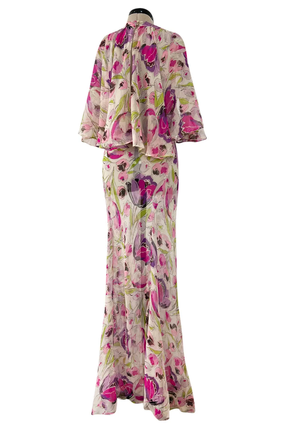 Spectacular 1930s Pink Tulip Printed Bias Cut Silk Chiffon Floral Print Dress w Caped Back