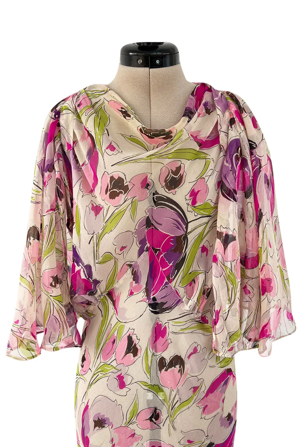 Spectacular 1930s Pink Tulip Printed Bias Cut Silk Chiffon Floral Print Dress w Caped Back