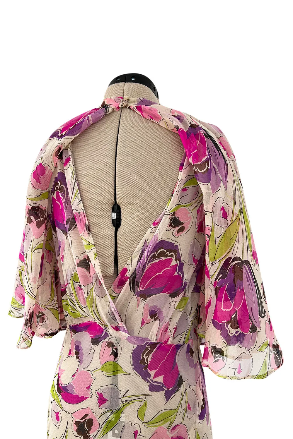 Spectacular 1930s Pink Tulip Printed Bias Cut Silk Chiffon Floral Print Dress w Caped Back