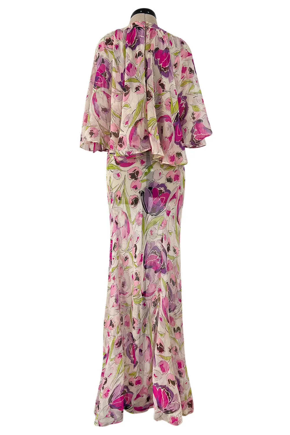 Spectacular 1930s Pink Tulip Printed Bias Cut Silk Chiffon Floral Print Dress w Caped Back