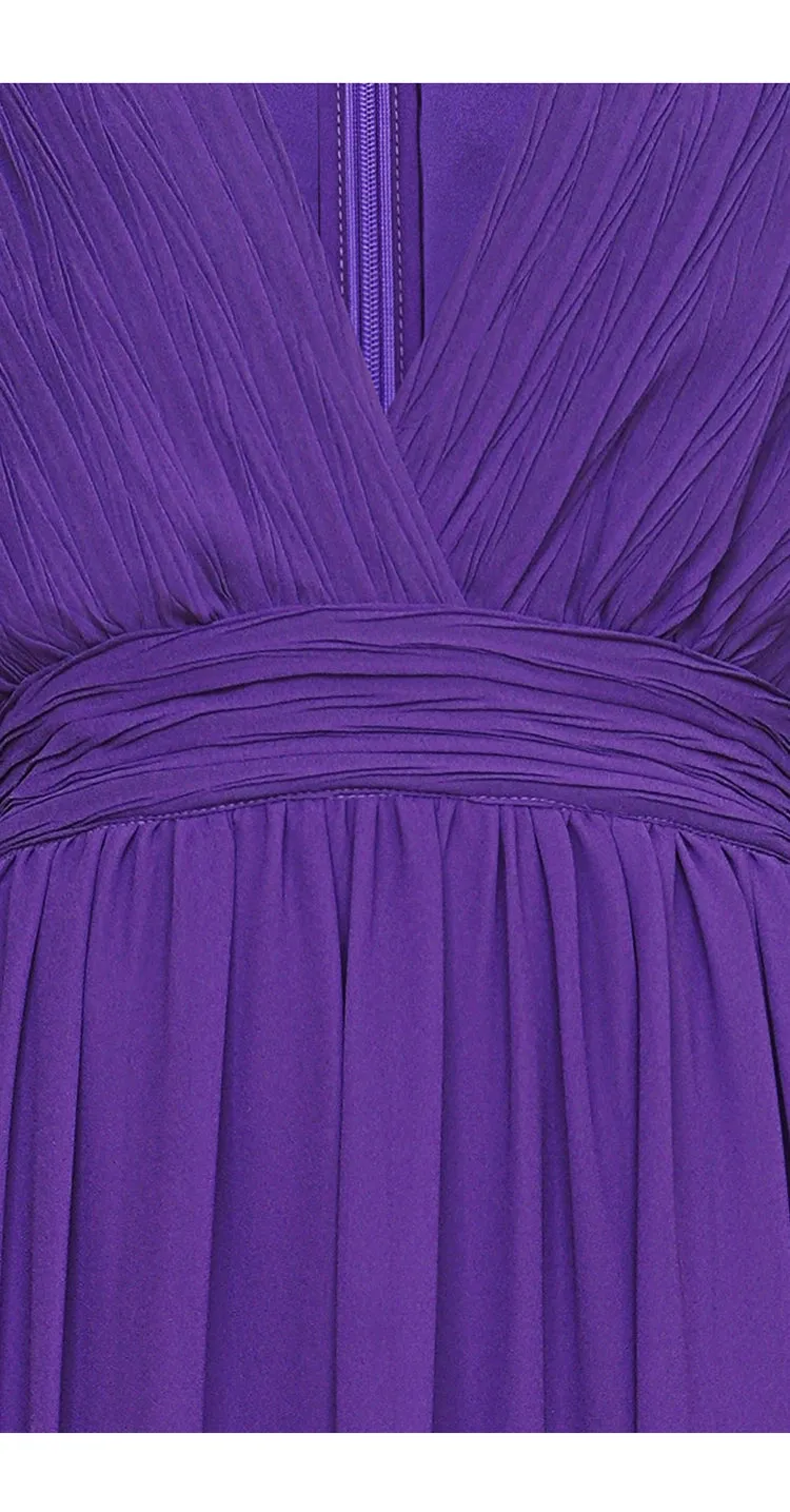 Stacy V Neck Long Sleeve Pleated High Waist Slim Long Dress