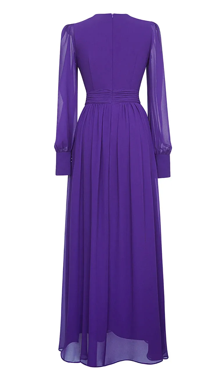 Stacy V Neck Long Sleeve Pleated High Waist Slim Long Dress