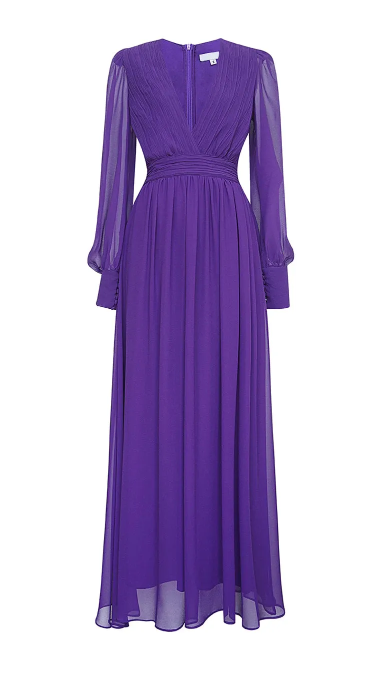 Stacy V Neck Long Sleeve Pleated High Waist Slim Long Dress