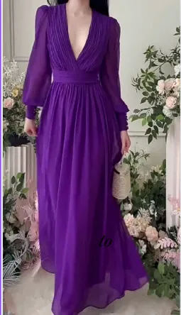Stacy V Neck Long Sleeve Pleated High Waist Slim Long Dress
