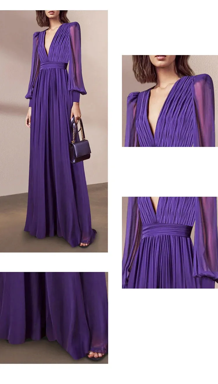 Stacy V Neck Long Sleeve Pleated High Waist Slim Long Dress