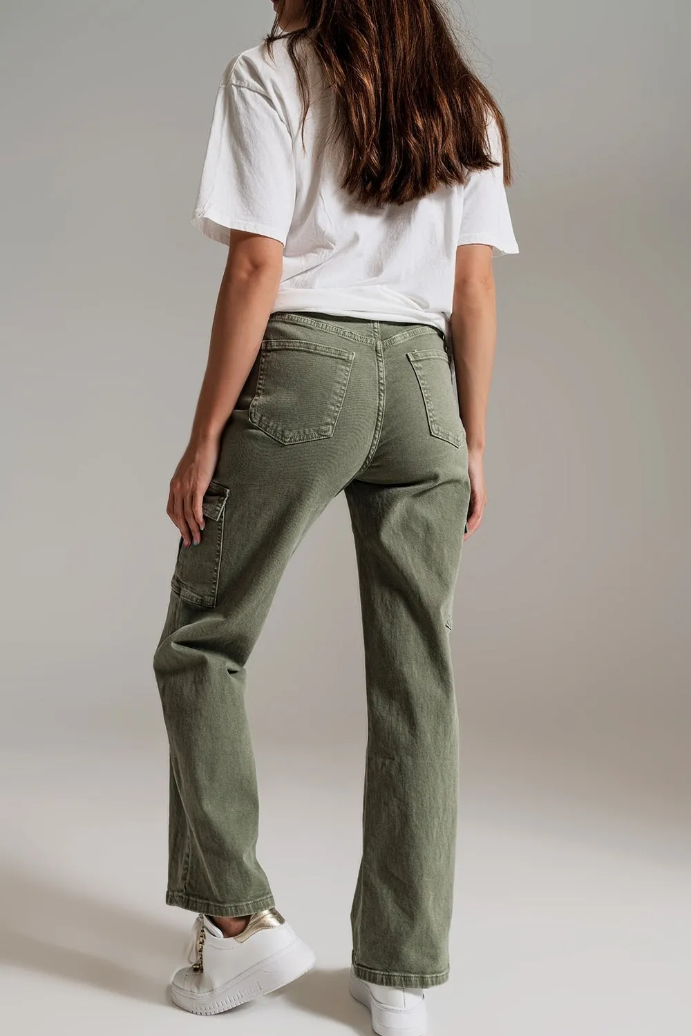 Straight Leg Cargo Jeans in Olive Green