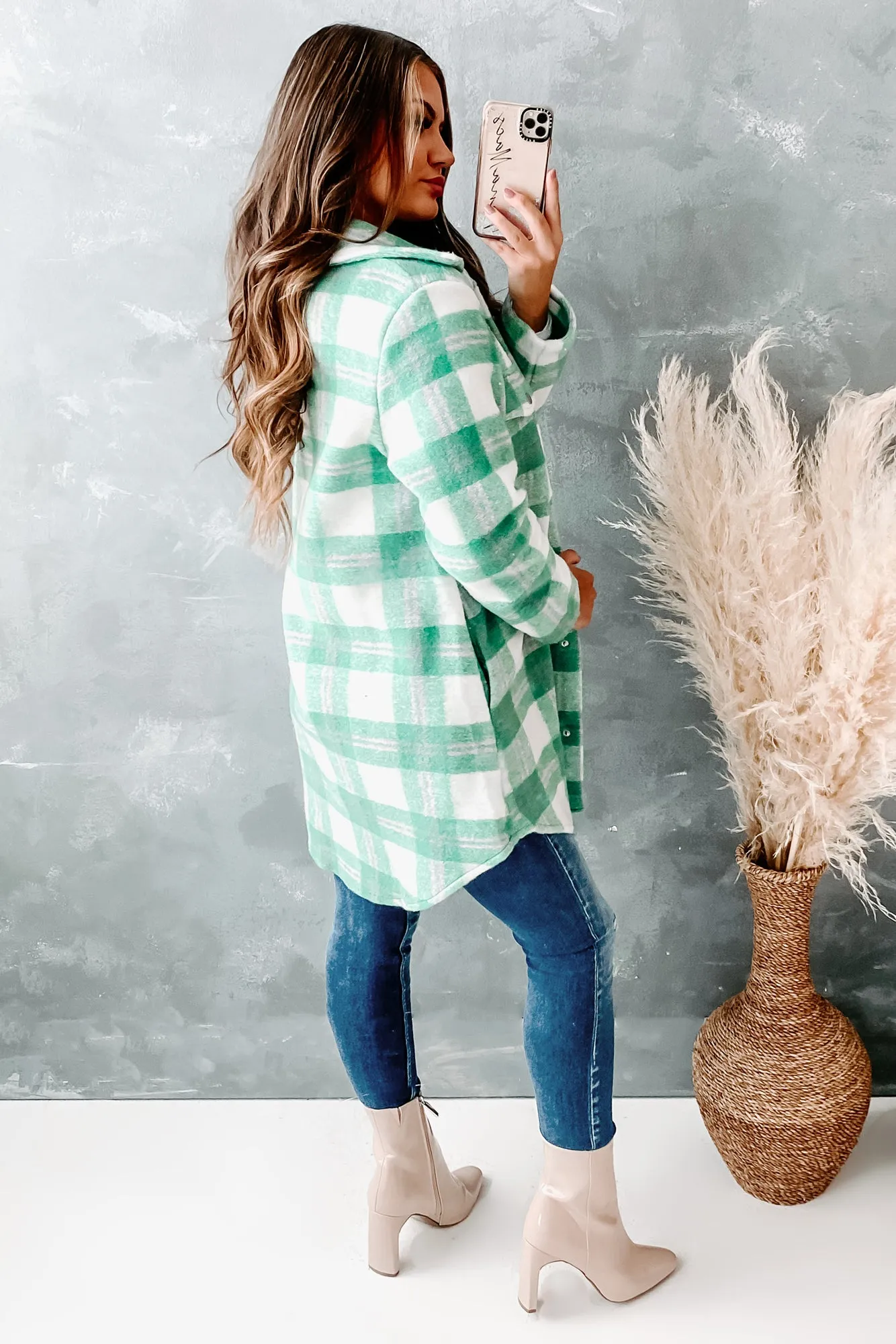 Street Style Chic Plaid Coat (Ivory/Jade)