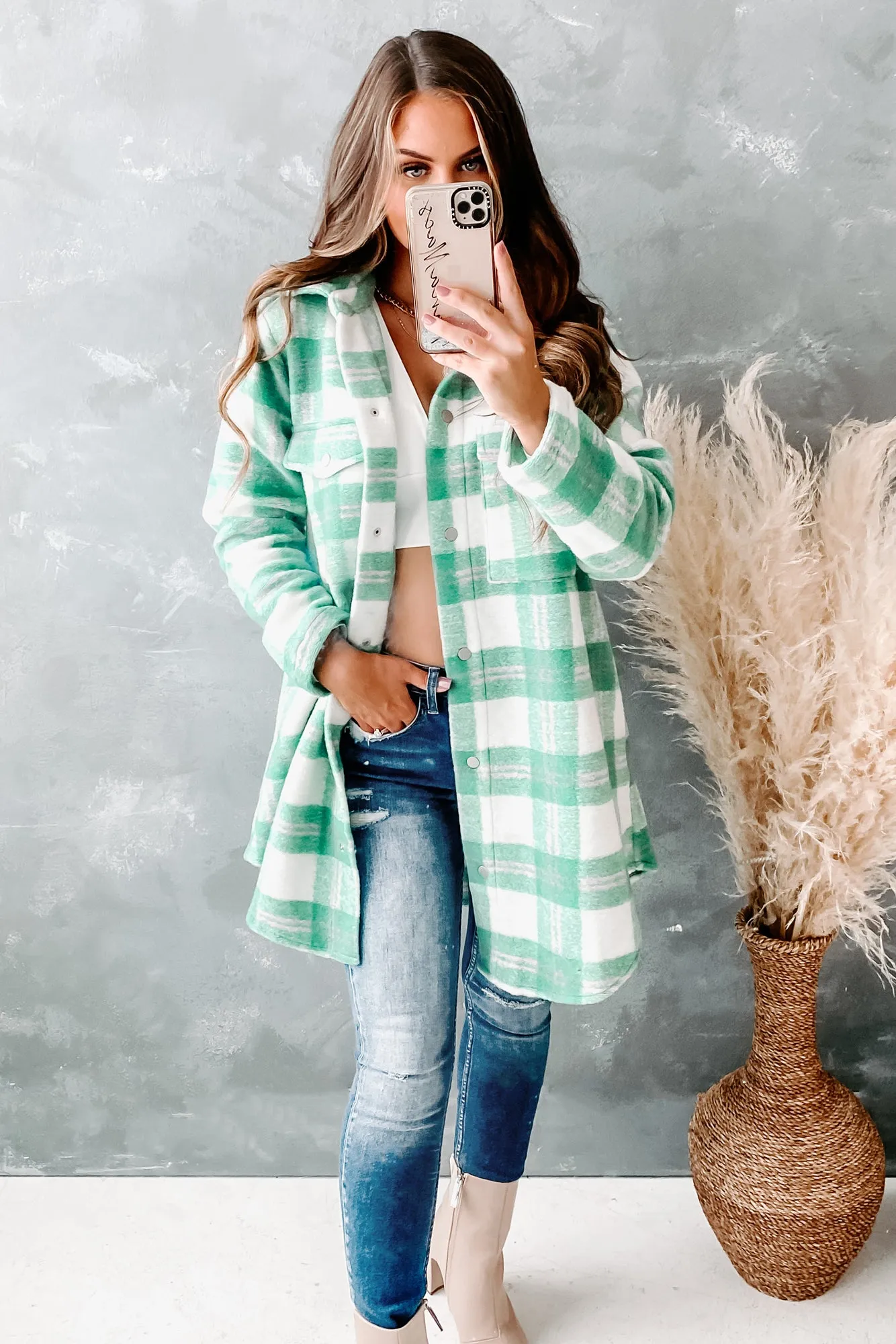 Street Style Chic Plaid Coat (Ivory/Jade)