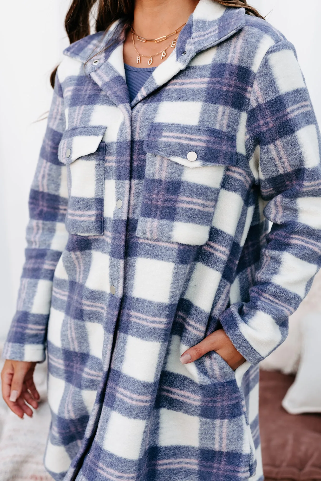 Street Style Chic Plaid Coat (Ivory/Purple)