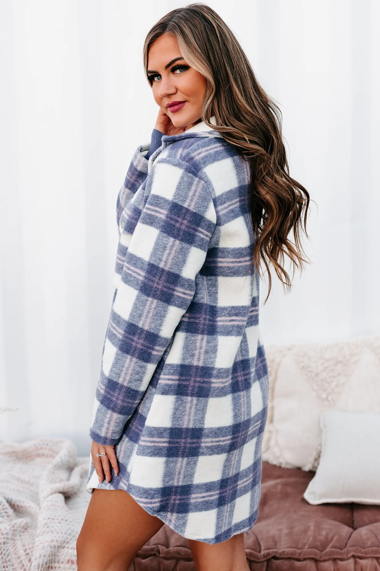 Street Style Chic Plaid Coat (Ivory/Purple)