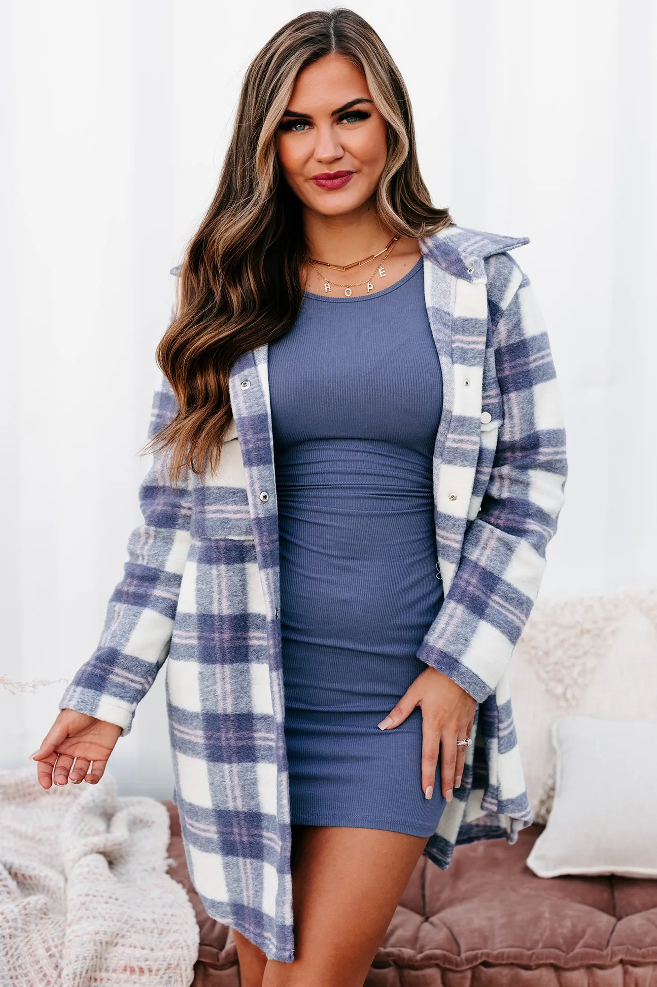 Street Style Chic Plaid Coat (Ivory/Purple)