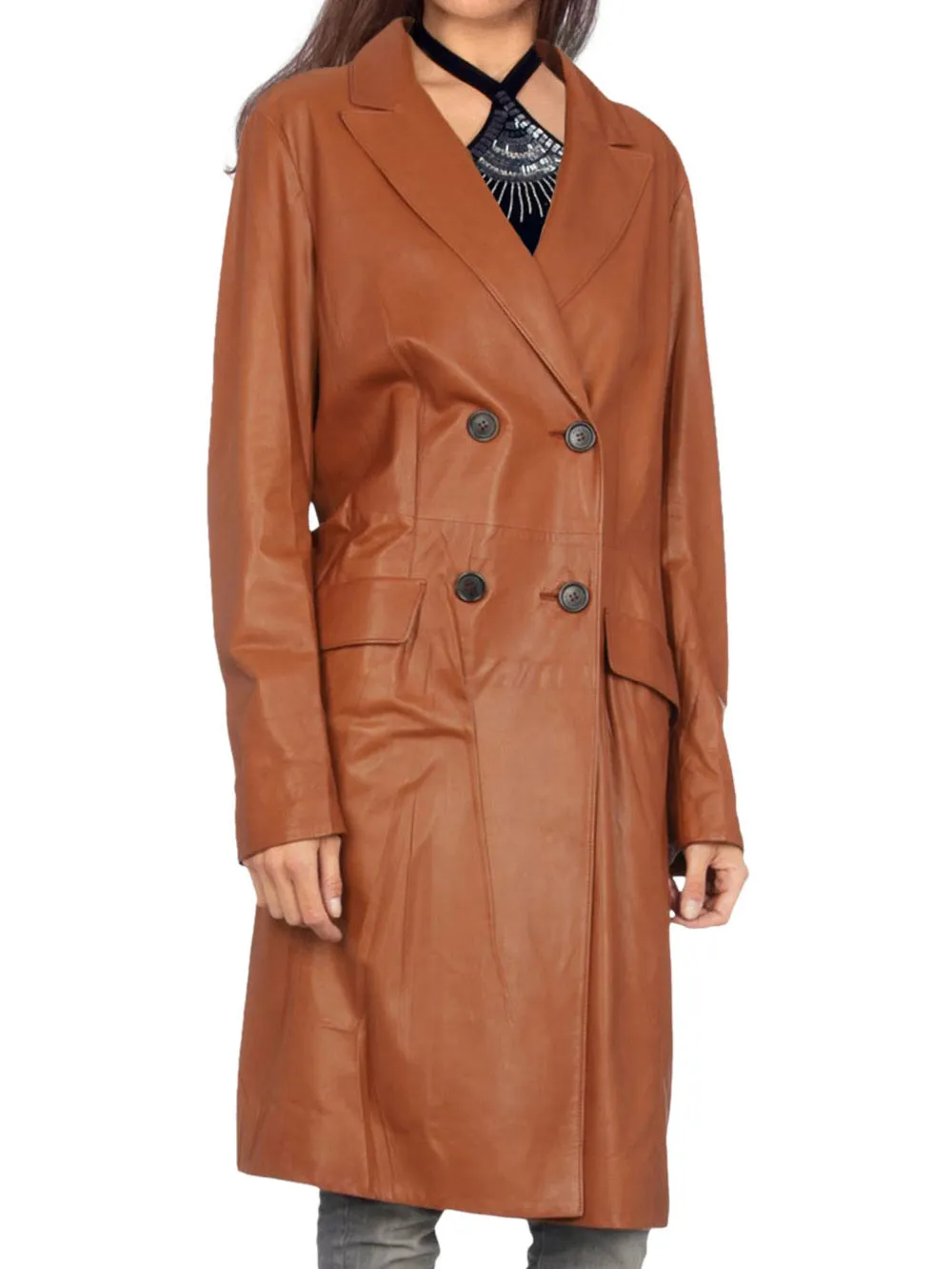 Stretch Luxe Double-Breasted Leather Coat for Women