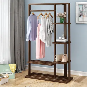 Strong Thick Wooden Clothing Rack Garment Rack with Hanging Rod and 6 Storage Shelves