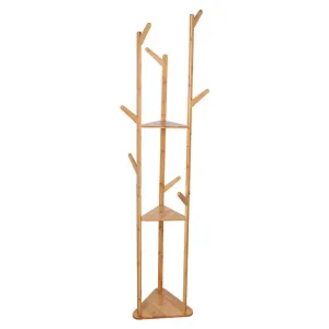 Sturdy Natural Bamboo Tree Garment Clothes Coat & Hat Hanger Stand Rack with Shelves