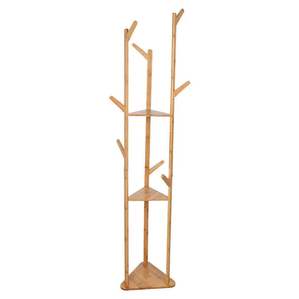 Sturdy Natural Bamboo Tree Garment Clothes Coat & Hat Hanger Stand Rack with Shelves