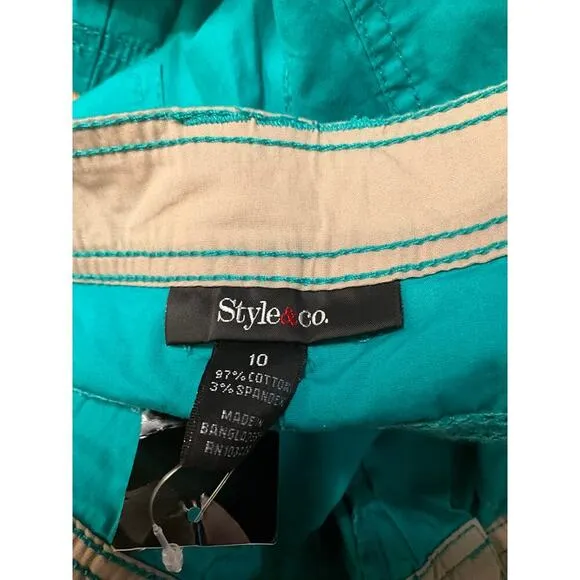 Style &amp; Co Chino Shorts Flat Front Pocket Preppy Casual Green Womens Size 10 NWT