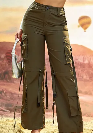 Stylish High-Waist Cargo Pants with Wide-Leg Fit and Ribbon Detail