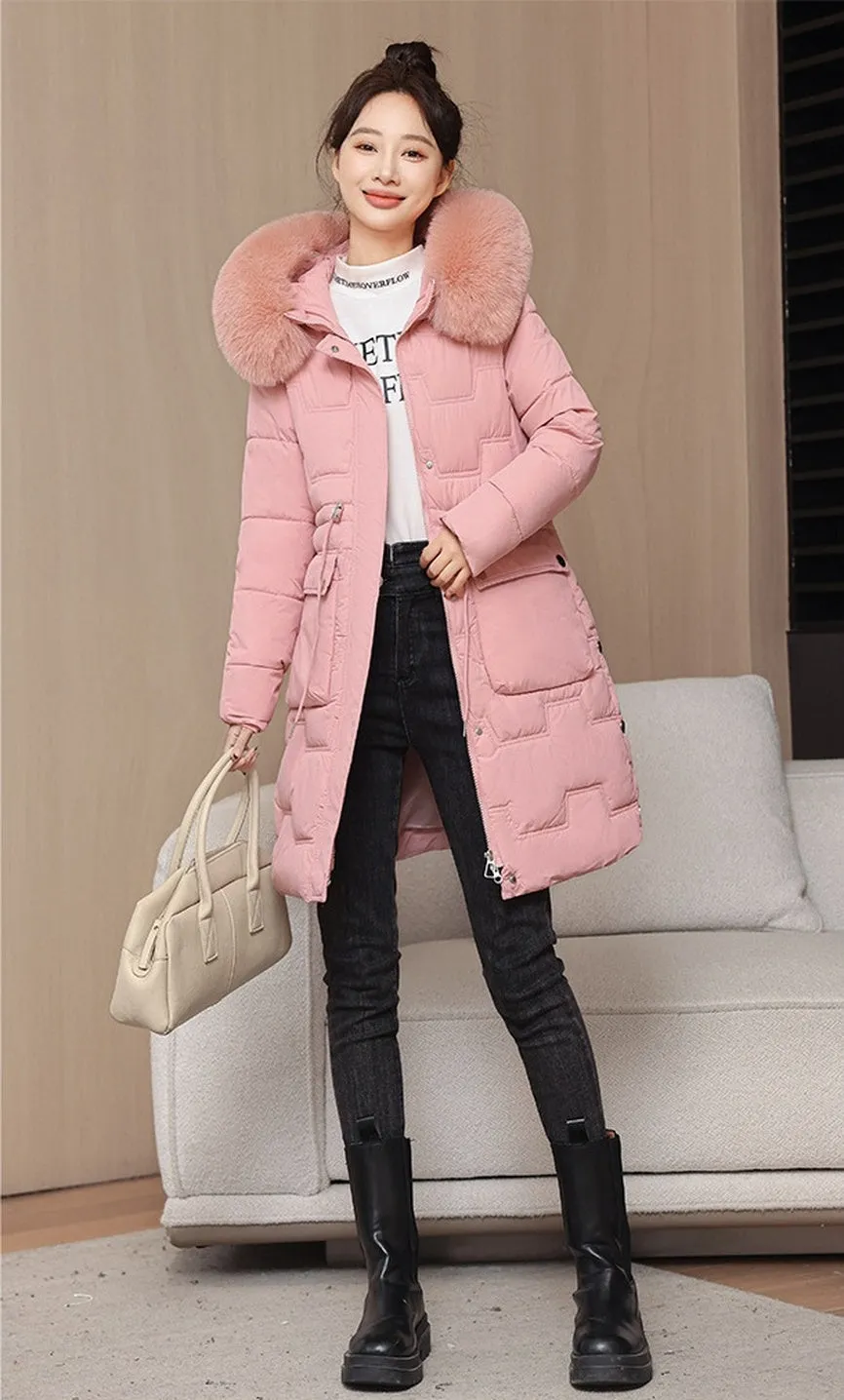 Stylish Knee-Length Quilted Puffer Jacket featuring a Drawstring Waist