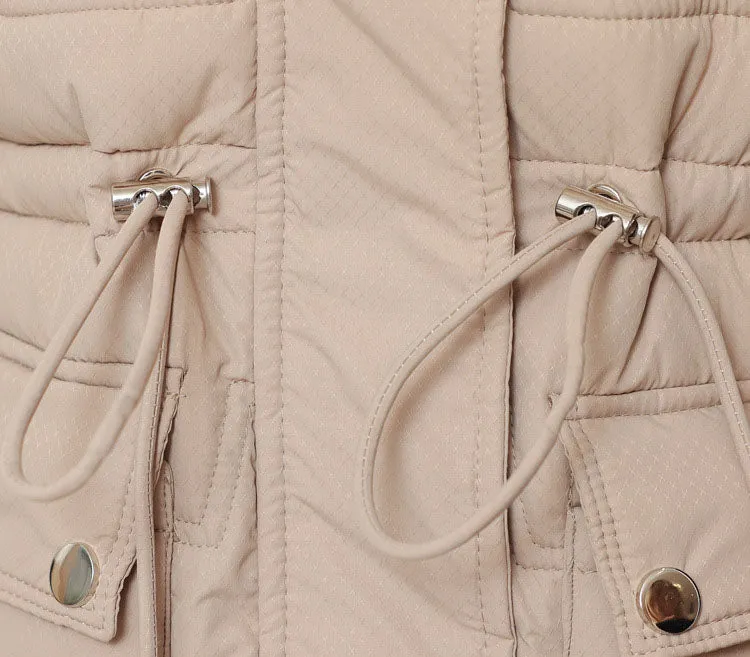Stylish Knee-Length Quilted Puffer Jacket featuring a Drawstring Waist
