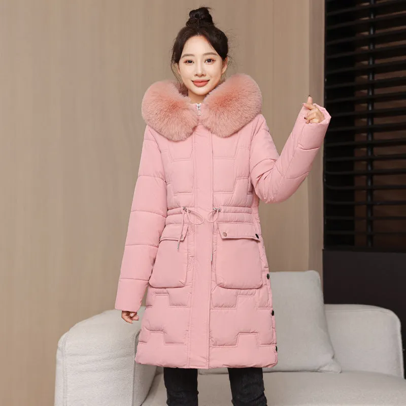 Stylish Knee-Length Quilted Puffer Jacket featuring a Drawstring Waist