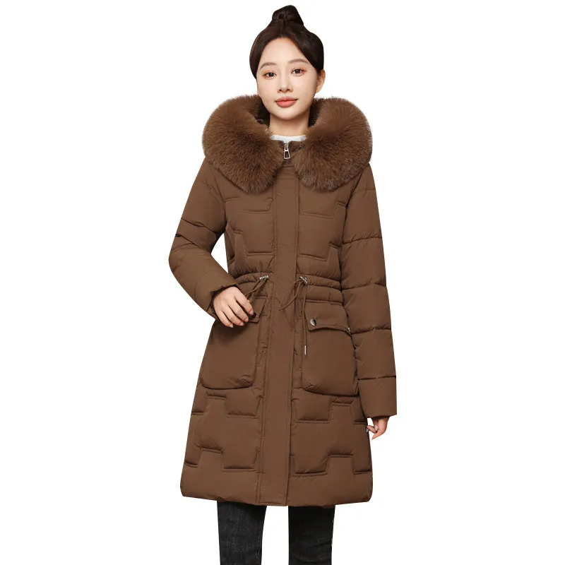 Stylish Knee-Length Quilted Puffer Jacket featuring a Drawstring Waist