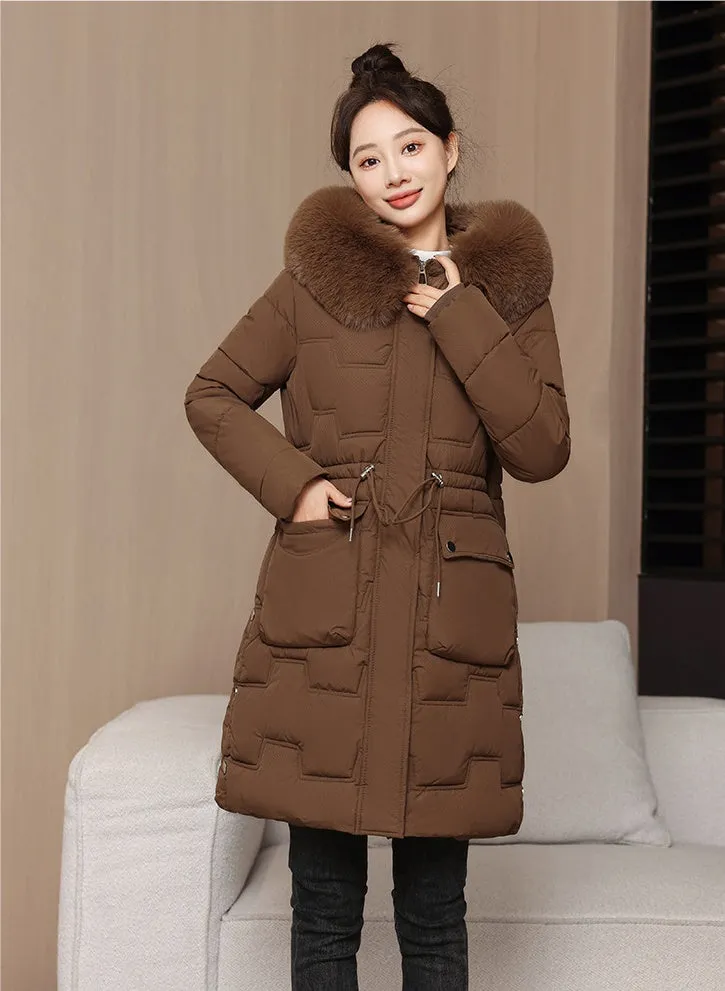 Stylish Knee-Length Quilted Puffer Jacket featuring a Drawstring Waist