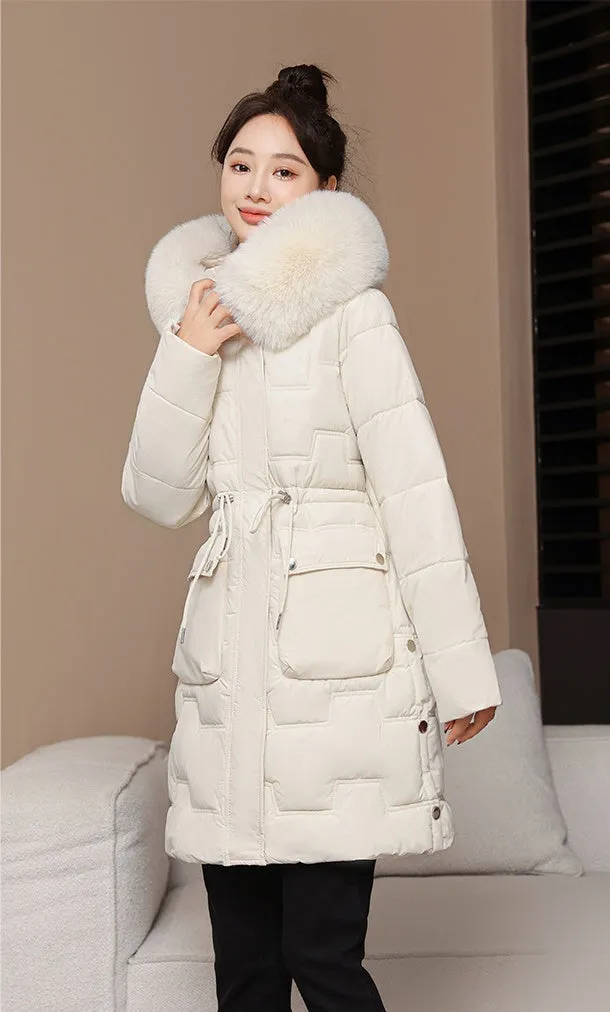 Stylish Knee-Length Quilted Puffer Jacket featuring a Drawstring Waist