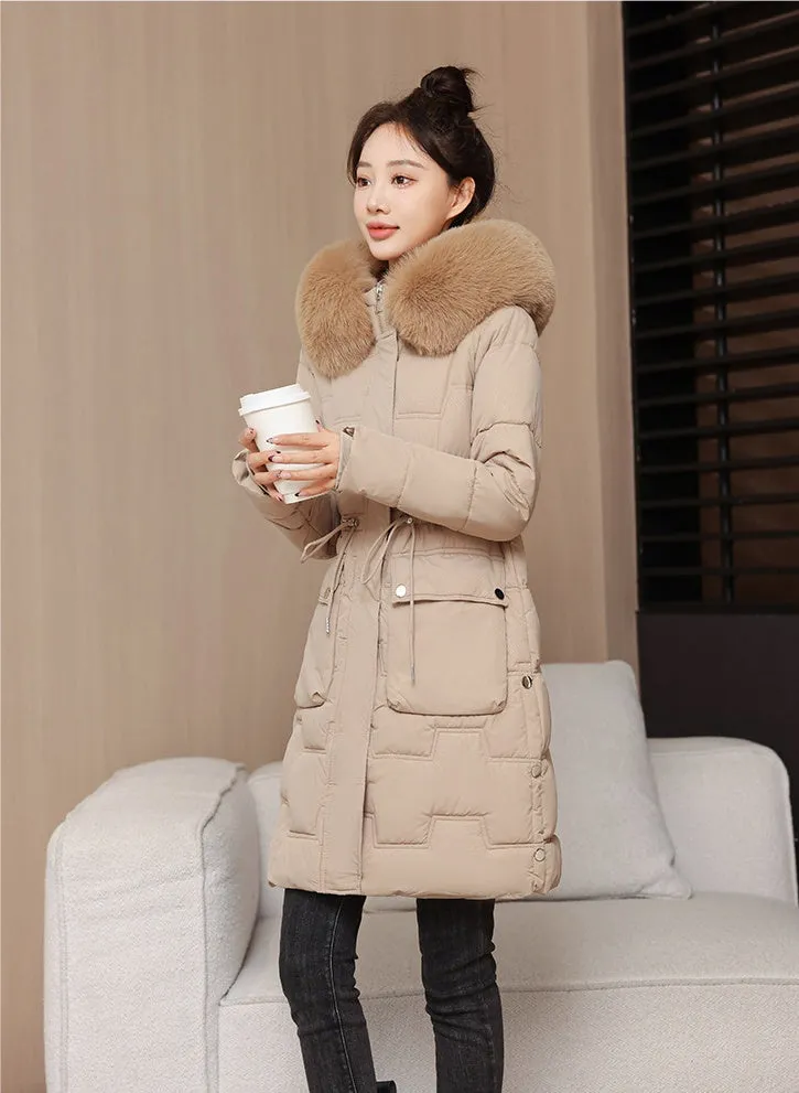 Stylish Knee-Length Quilted Puffer Jacket featuring a Drawstring Waist