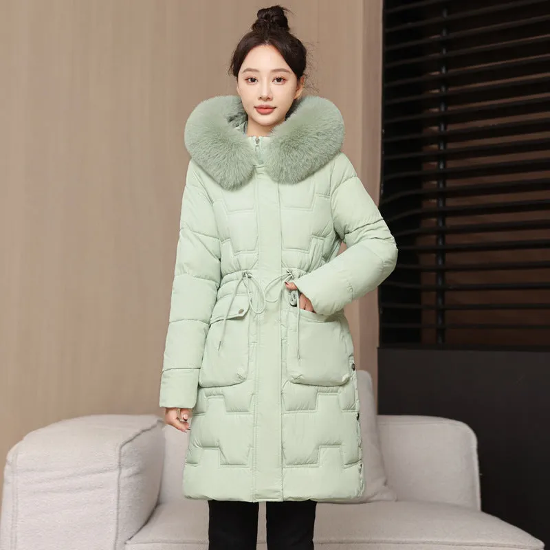 Stylish Knee-Length Quilted Puffer Jacket featuring a Drawstring Waist