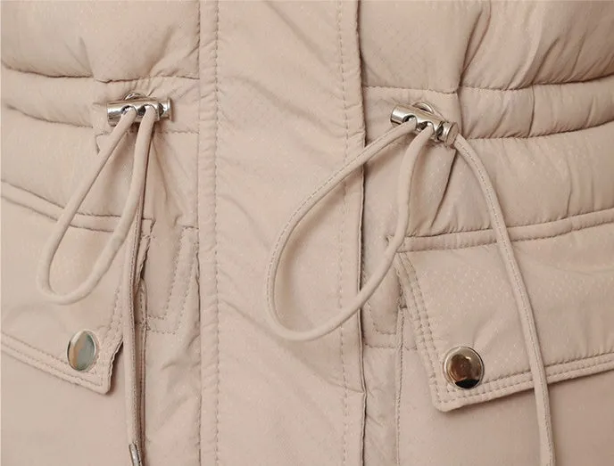 Stylish Knee-Length Quilted Puffer Jacket featuring a Drawstring Waist