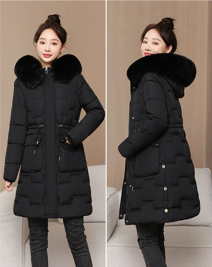 Stylish Knee-Length Quilted Puffer Jacket featuring a Drawstring Waist