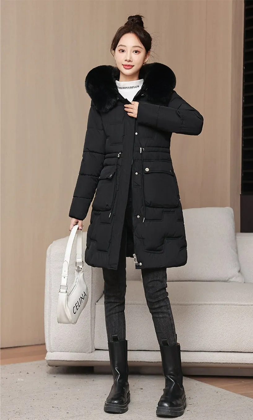 Stylish Knee-Length Quilted Puffer Jacket featuring a Drawstring Waist