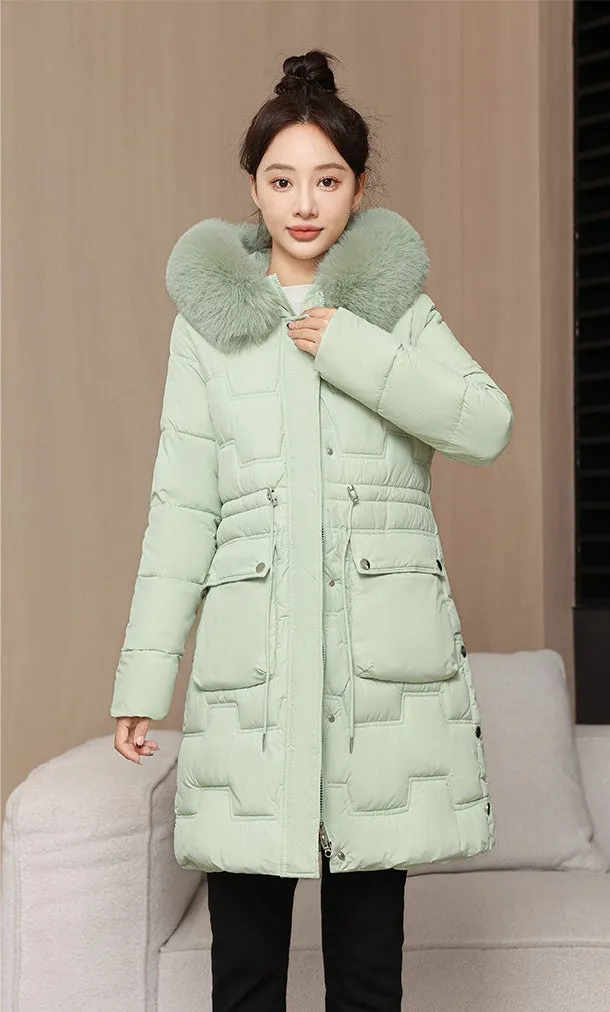 Stylish Knee-Length Quilted Puffer Jacket featuring a Drawstring Waist