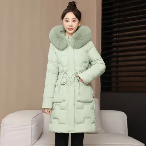 Stylish Knee-Length Quilted Puffer Jacket featuring a Drawstring Waist