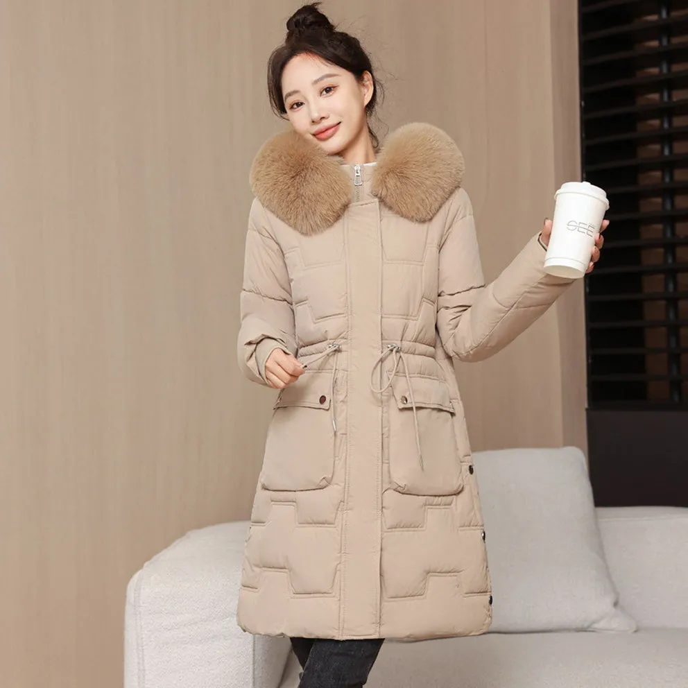Stylish Knee-Length Quilted Puffer Jacket featuring a Drawstring Waist