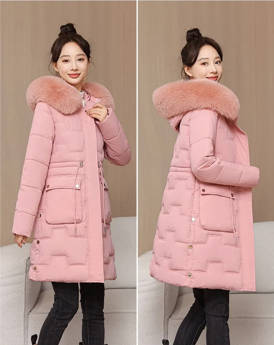 Stylish Knee-Length Quilted Puffer Jacket featuring a Drawstring Waist