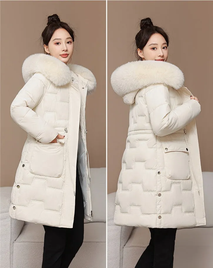 Stylish Knee-Length Quilted Puffer Jacket featuring a Drawstring Waist