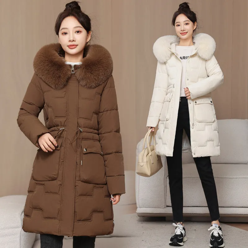 Stylish Knee-Length Quilted Puffer Jacket featuring a Drawstring Waist