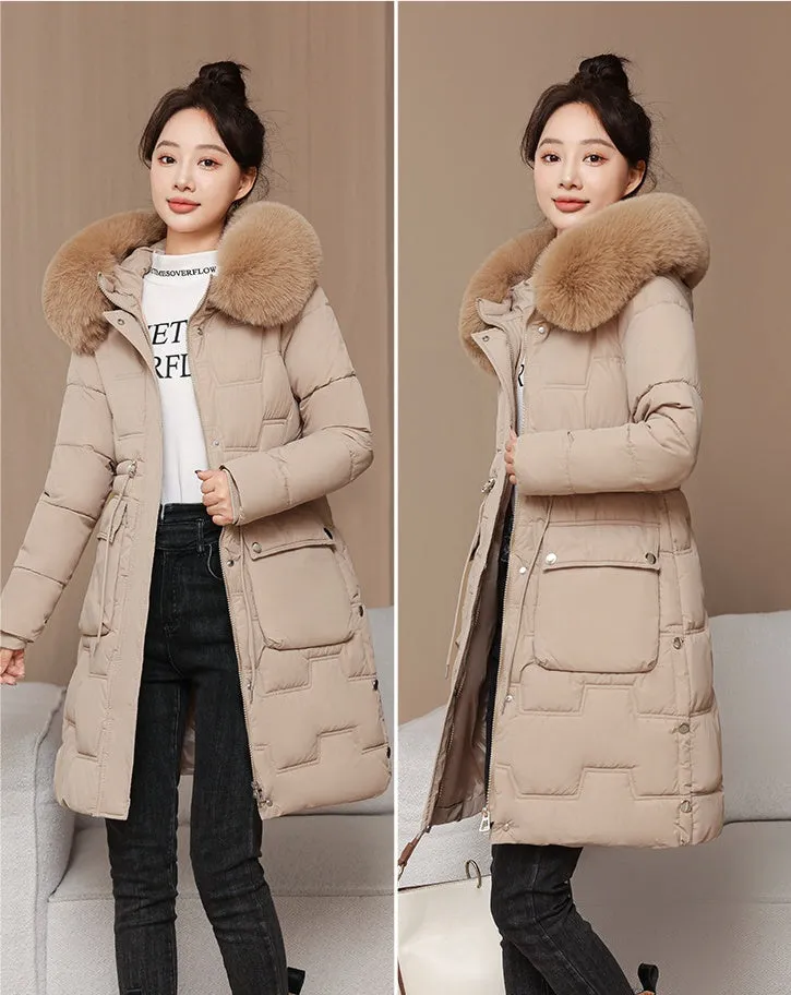 Stylish Knee-Length Quilted Puffer Jacket featuring a Drawstring Waist