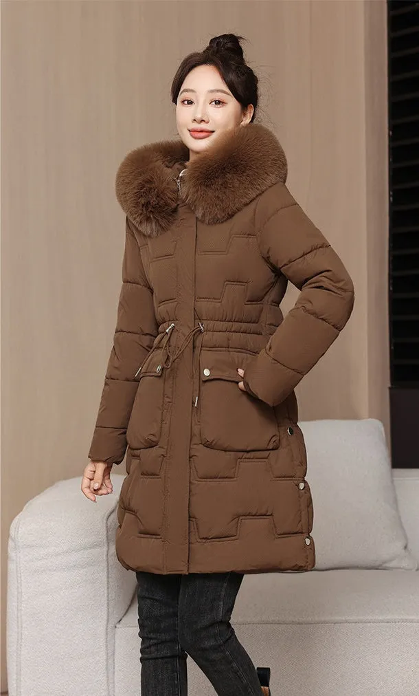 Stylish Knee-Length Quilted Puffer Jacket featuring a Drawstring Waist