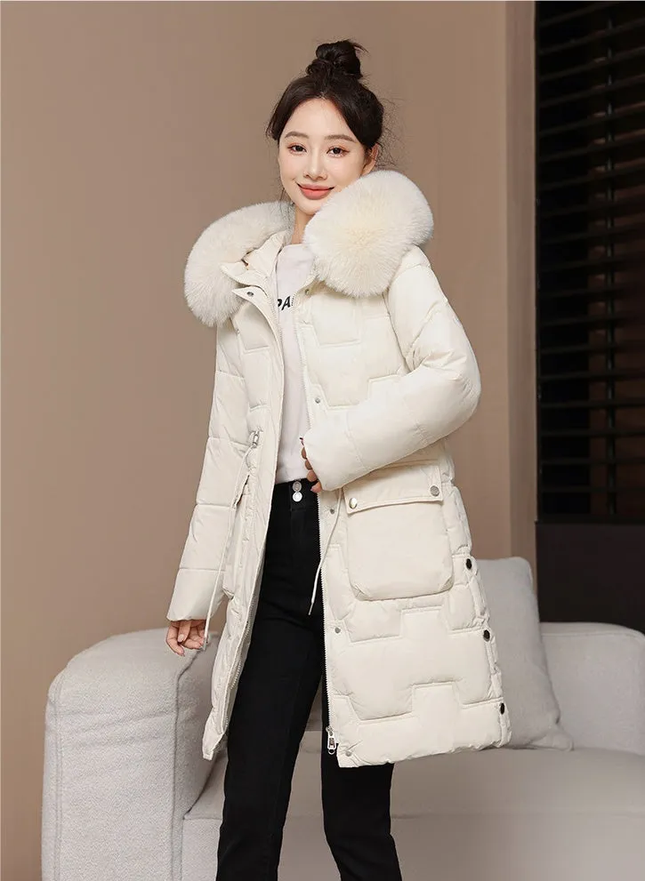 Stylish Knee-Length Quilted Puffer Jacket featuring a Drawstring Waist