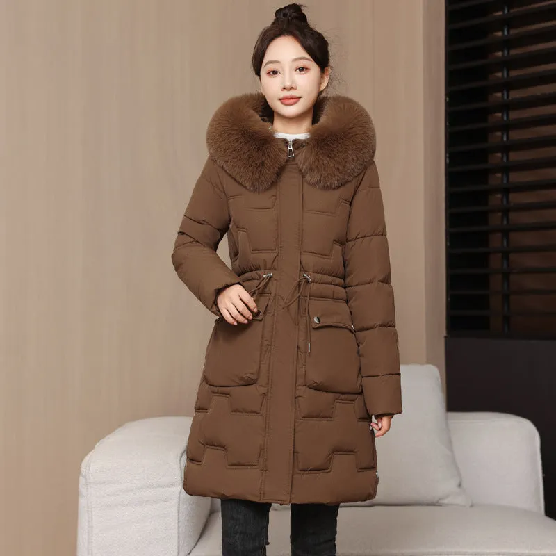 Stylish Knee-Length Quilted Puffer Jacket featuring a Drawstring Waist
