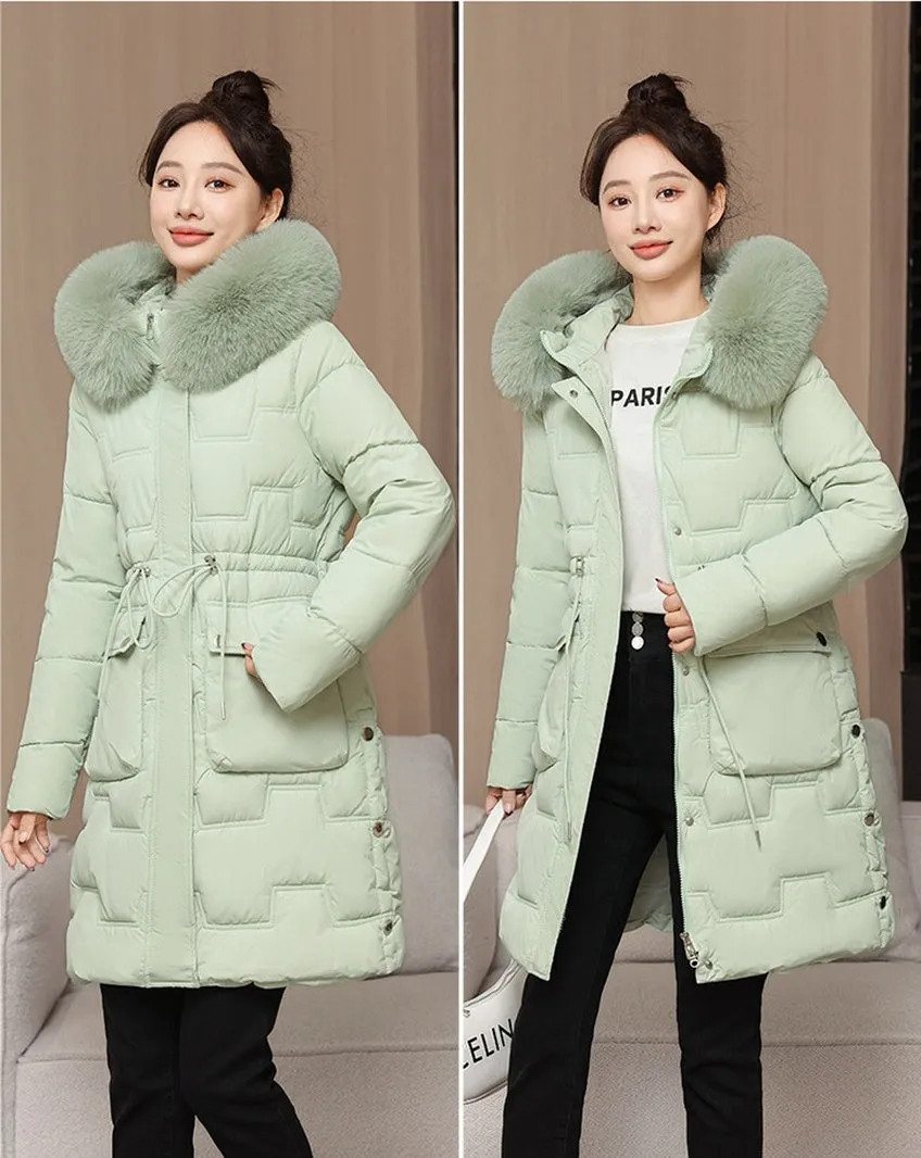 Stylish Knee-Length Quilted Puffer Jacket featuring a Drawstring Waist