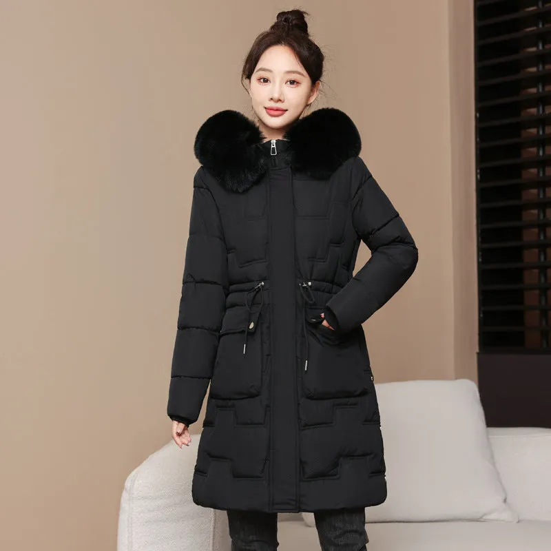 Stylish Knee-Length Quilted Puffer Jacket featuring a Drawstring Waist