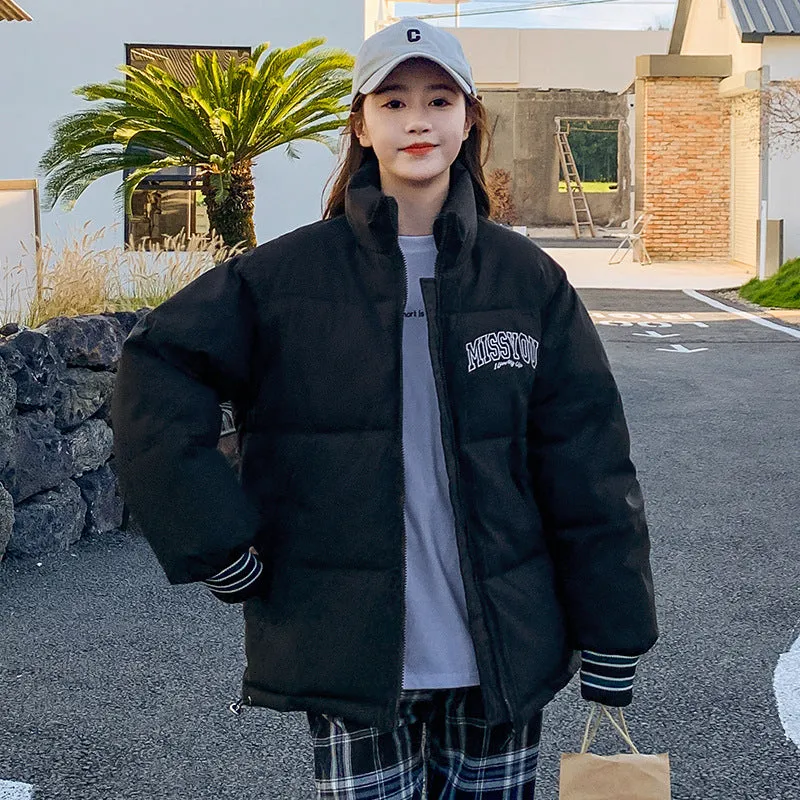 Stylish padded zip-up puffer jacket with letter print detail