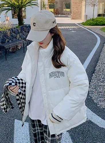 Stylish padded zip-up puffer jacket with letter print detail