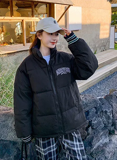 Stylish padded zip-up puffer jacket with letter print detail