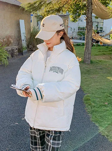 Stylish padded zip-up puffer jacket with letter print detail