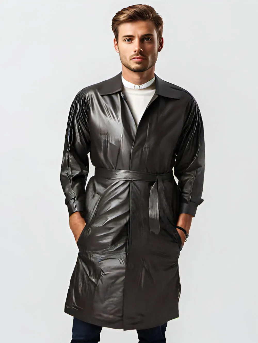 Suave Full-Length Leather Trench Coat for Men