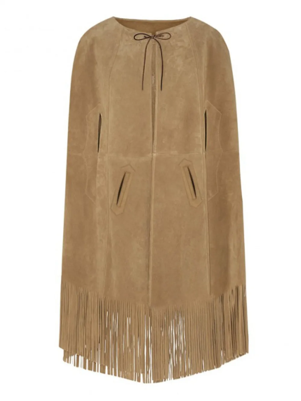 Suede Leather Cape with Fringe Detail Coat for Women